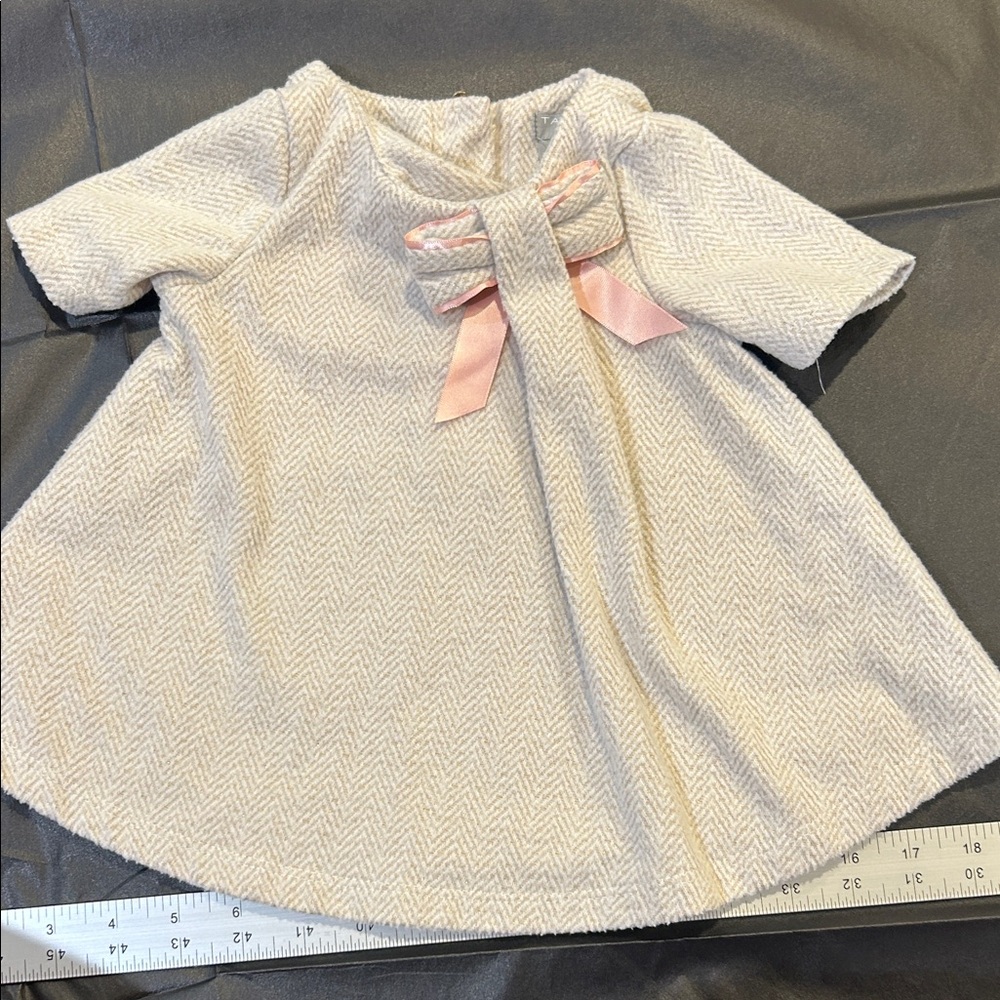 Tahari Baby Cream Knit Dress with Pink Ribbon Detail